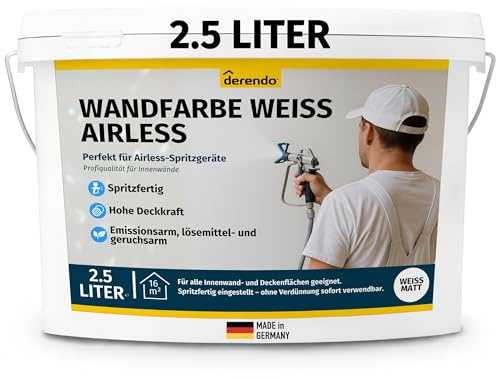 derendo Wandfarbe Weiß Airless, Innenfarbe für Airlessgerät 2,5l | Farbe direkt spritzfähig ohne Verdünnen, hochdeckend, matt, tropfarm & gebrauchsfertig, Dispersionsfarbe innen