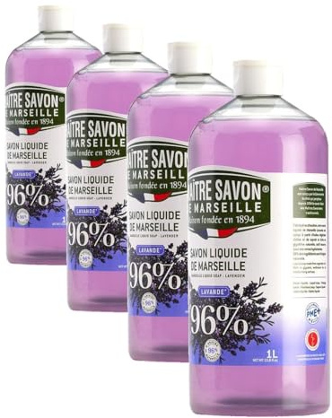 Maître Savon de Marseille - Savon de Marseille liquide Lavande - 1 L - 96% d'origine naturelle. (Lot de 4)
