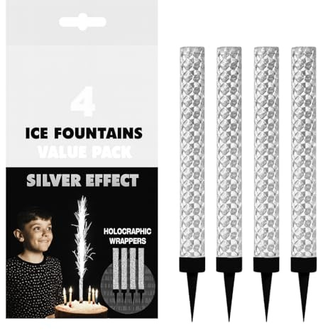 Premium Silver Pack of 4 Ice Fountains Fountain Sparkler Candles for Cakes Birthday Anniversary Parties Champagne Fountain Sparkling Fountain, Bright Sparkle Christmas New Year