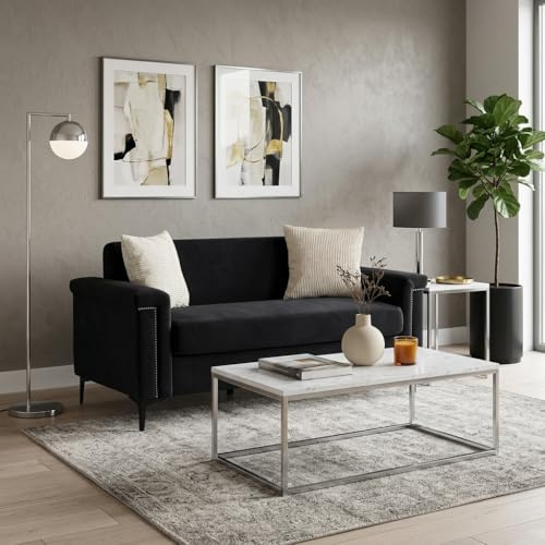 ReyTinn 174cm Velvet Modernes 2-Sitzer Loveseat Sofa – Kompakte Couch mit Federkern, Metallfüßen & 2 Kissen – Ideal für Wohnzimmer kleine Wohnungen Apartment & WG (Schwarz)