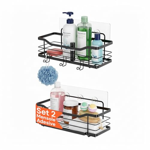 Avilia Set 2 Mensole Bagno Acciaio Nero - Mensola Adesiva Senza Fori -Porta Bagnoschiuma Doccia da Appendere con Ganci Integrati - Organizer Bagno e Cucina Salvaspazio