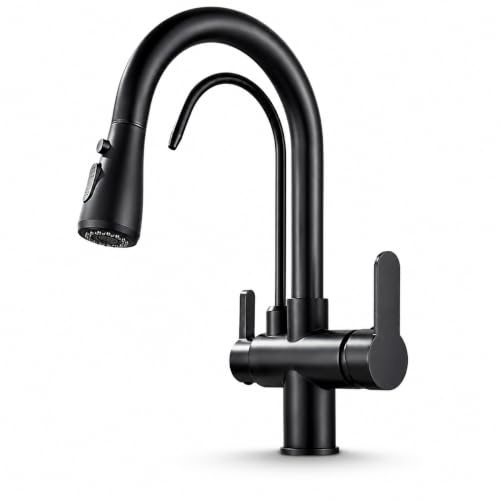 Grifo de cocina de 3 vías Nordic con conexión para filtro de agua, manguera extraíble, giratorio 360°, vías de agua separadas, 2 tipos de chorro, cartucho de cerámica, negro mate