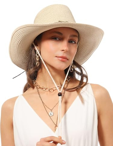 Soul Young Cowboy-Sonnenhut für Damen und Herren, Stroh-Hut, gehäkelt, Western-Cowgirl-Hut mit winddichtem Kinnriemen, Strandkappe (Einheitsgröße, Beige)