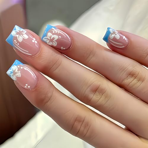Bryxora 24 Stück Press on Nails Kurz Square, Press on Nails French Square, Blaue Spitze mit Weißem Blumenmuster Komplettes Set