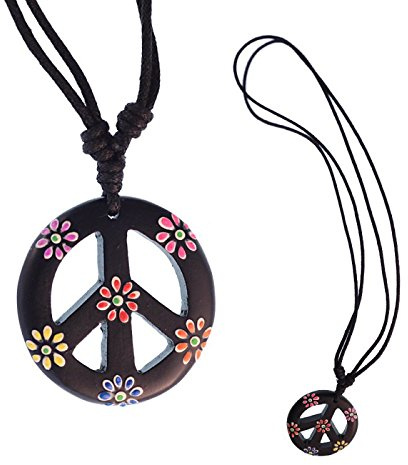 CHICNET® Holzkette Sono Holz Peace Anhänger schwarz Blumen bunt 33 mm verstellbar Baumwolle Hippie