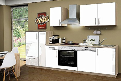 idealShopping GmbH Küchenblock ohne Elektrogeräte Premium 300 cm in weiß glänzend (Geschirrspüler geeignet)