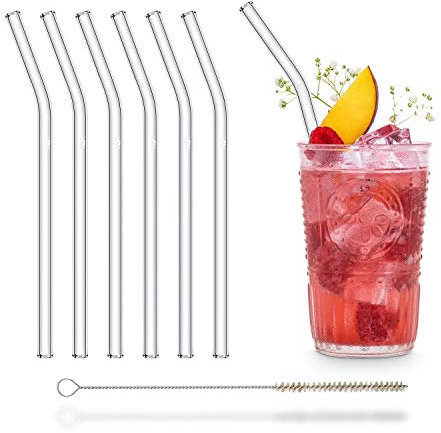 HALM Pajitas curvadas de cristal reutilizables - 6 x 20 cm + cepillo de limpieza ecológico - Apto para lavavajillas - Sostenible - Pajitas de vidrio para batido, cóctel, smoothie