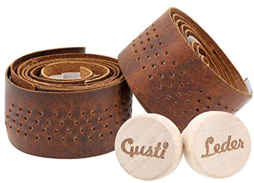 Gusti Leder Lenkerband Fausto C. – 80 cm Griffband selbstklebend (2er Set) – Gravelbike- & Rennrad Lenkerband Leder inkl. Korkstopfen für sicheren Halt