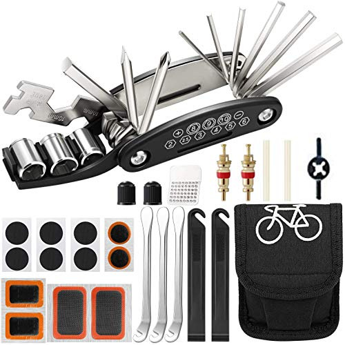 Kit Attrezzi per Bici, 16 in 1 Multifunzione Mountain Bike Accessori per Attrezzi, Set di Strumenti per la Riparazione della Bicicletta con Kit di Toppe e Leve per Pneumatici