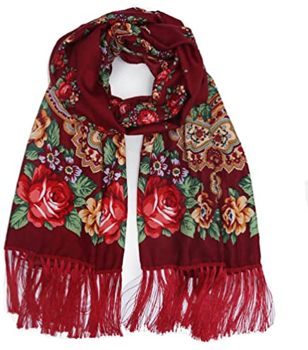 Gudessly Traditional Ukrainian Tassel Scarf Wrap for Women Warm Soft Scarves (Wine red)