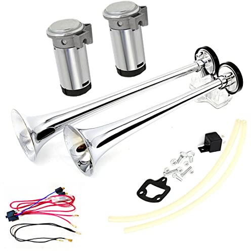 YIYIDA Lufthorn 165DB Autohupe Hoher und tiefer Ton Silbernes Doppelrohrhorn Chrom Zink Dual Trompete Auto Horn mit zwei Luftpumpen laut Lautsprecher für jeden 24V LKW Boot Auto Vans RV Truck Moto ect