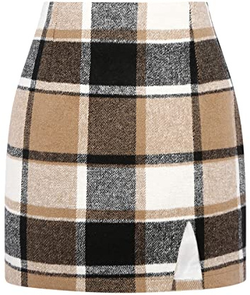 IDEALSANXUN Fall Skirts for Women 2025 Fashion Outfits Clothes Trendy Winter Wool Tartan Tweed Flannel Corduroy Suede Mini Plaid Skirt, Brown New, L