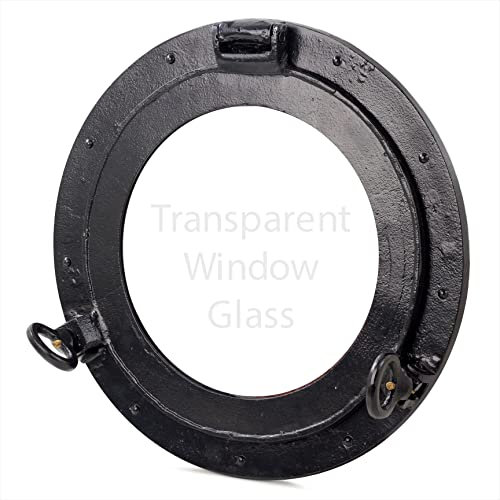 Nautical Premium Vintage Ship's Deep Black Round & Circular Porthole Window With Transparent Glass | Vintage Handcrafted Wall Pediments & Sculptures | Maritime Boat Decor | Grooved Secondary Frame
