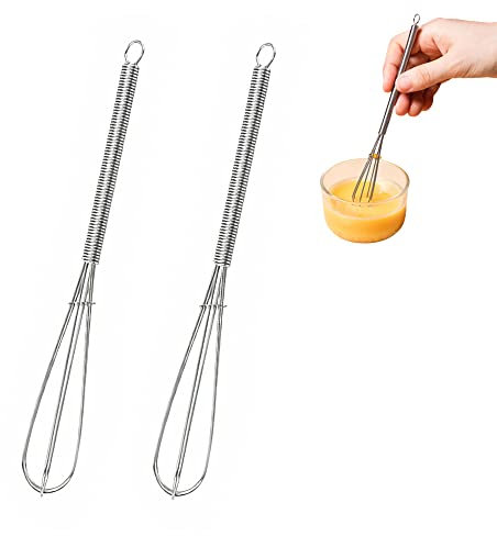 Whisks Stainless Steel Mini Wire Whisks Set of 2 Portable Stainless Steel Kitchen Tiny Whisk Egg Beater with Thick Wire for Cooking Blending Whiping Beating Stirring
