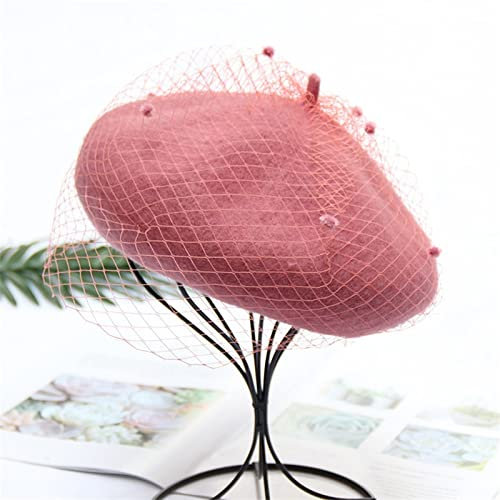 tcax Baskenmütze Damen Damenmützen Winter Dicke Baskenmützen Einstellbare Größe Einfarbig Vintage Mesh Garn Baskenmütze,Pink,56-58Cm