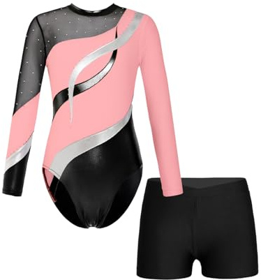 Oyolan Mädchen Kinder Gymnastikanzug Turnanzug Glitzernde Gymnastikbody Langarm Turntrikot mit Kurze Hose Tanzkostüm Rosa 134-140