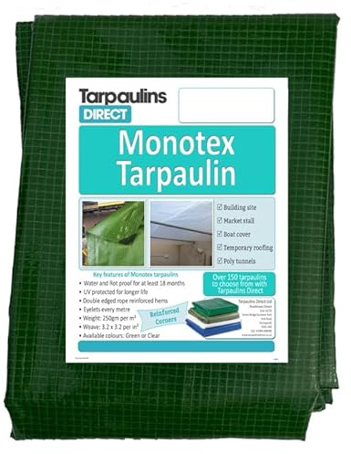 Monotex Tarpaulin 250gsm 9.0m x 5.0m Green Heavy Duty Strong Industrial Waterproof Sheet Cover Tarp with Reinforcved Eyelets