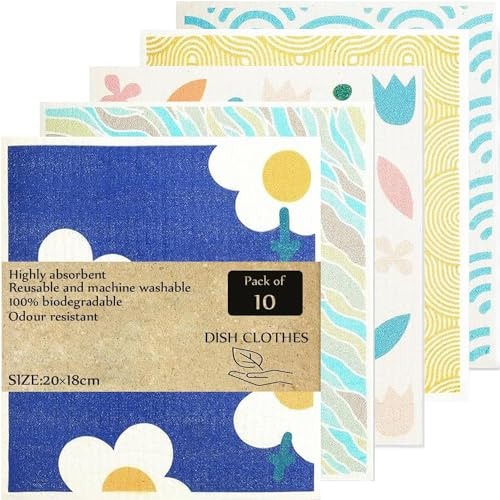 KMAKII Swedish Dishcloth Eco Friendly Reusable Sustainable Biodegradable Cellulose Sponge Cleaning Cloths Paper Towel Replacement Washcloths(10 Pack,Multicolour)