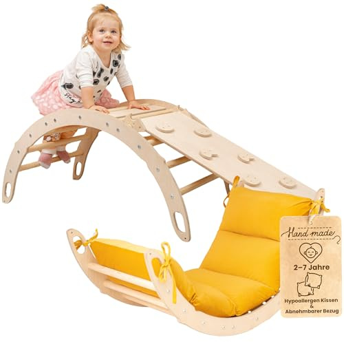 WoodsCraft Kletterbogen mit Kissen & 2in1: Rutsche Indoor/Kletterrampe | mit hypoallergen Kissen für Kletterbogen, holz Montessori Klettergerüst indoor spielgeräte, Babyrutsche & Rampe
