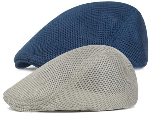 2PCS Sonnenhut Barett Cap Herren Sommer Atmungsaktive Mesh Hut, Schiebermütze Herren Damen,Unisex Beret Schirmmütze Flatcap Sportmütze Gatsby Newsboy Cap Baskenmützen Golfermütze, Größe 56cm-58cm
