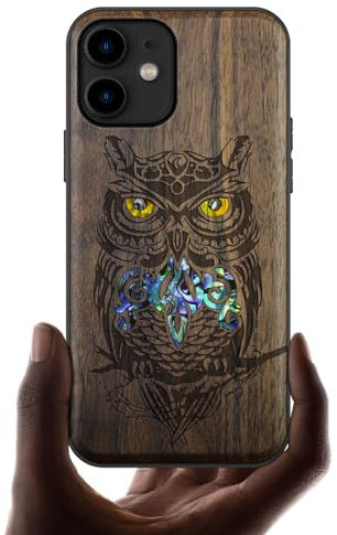 Carveit Étui pour iPhone 11 Coque [Gravure en Bois et Incrustation de Coquille] Cover Compatible avec Apple 11 Etui Bois Luxe et Case (Noyer-Un Hibou perché sur Une Branche)