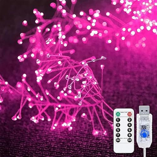 SHANJIA Firecrackers String Light, 29.5Ft 300 LED USB Operated 8 Modes Christmas Tree Cluster Lights with Remote Control Firefly Lights for Xmas Party Home Garden Decoration (Pink)