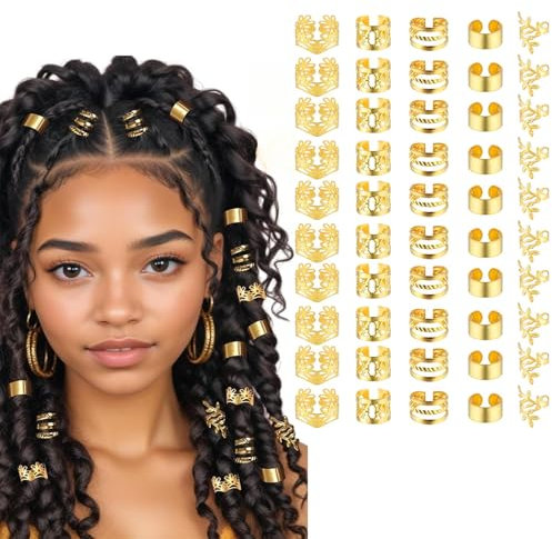Confezione di 50 accessorii per dreadlocks per donne, gioielli per treccia, gioielli per capelli dorati per treccia, anelli per capelli