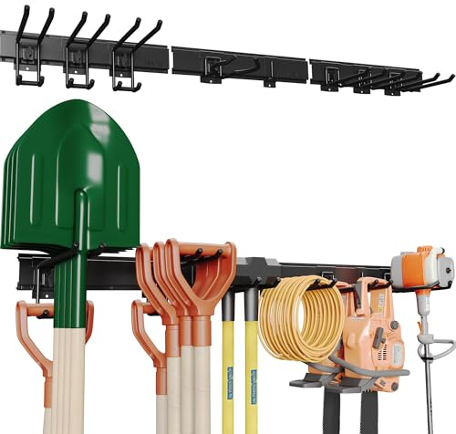 BONTEC Supporto per Attrezzi da Parete, Pannello Portautensili Garage da 122 cm con 8 Ganci Regolabili, Binario 7,8 cm, Porta Scope, Porta Bici, Organizer Officina, Antiruggine, Attrezzi Giardino,Nero