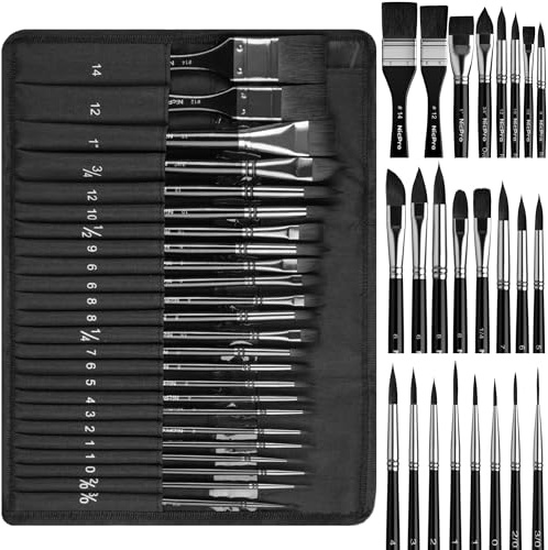 Nicpro 24 Pennelli per Acquerello Professionali, Set Pennelli Pittura in Pelo di Scoiattolo Sintetico con Rullo in Tessuto, per Pittura ad Acquerello con Inchiostro a Guazzo