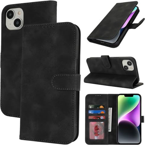Zouzt Hülle für iPhone 14/13 (6,1), Premium PU Leder, Vintage Schwarz | Handyhülle mit Kartenfächern, Magnet Klapp Schutzhülle, Stoßfeste TPU-Innenhülle, Frauen Männer, Leather Wallet Phone Case
