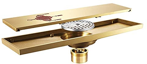 GODFSAHG Linearer Duschablauf, Goldener Bodenablauf, rechteckiger Duschbodenablauf aus Messing mit Abnehmbarer Abdeckung, Badezimmer-Duschablauf, 11,8 x 3,2