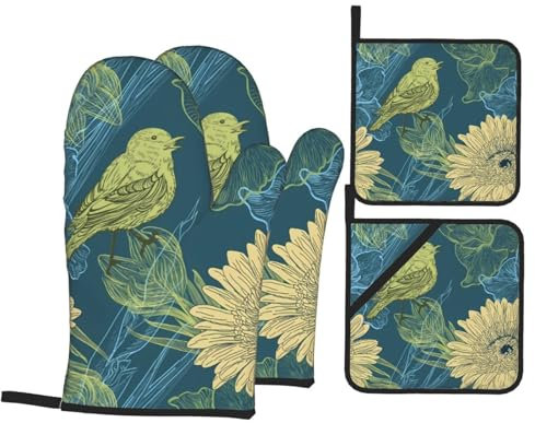 Ensemble de gants de cuisine et maniques - Motif oiseaux chantant des fleurs - Résistants à la chaleur - Surface antidérapante - Pour la cuisine, la cuisson, le grill, le barbecue