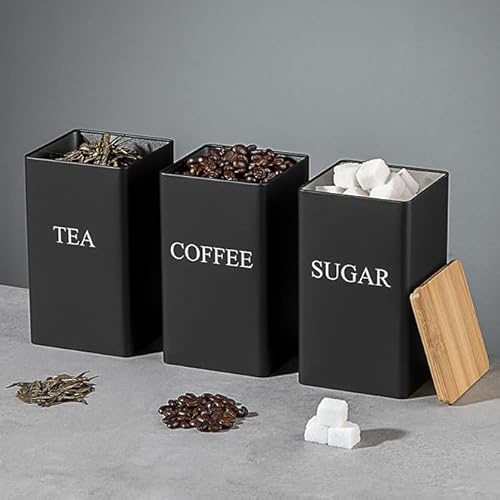 shoxil Tea Coffee Sugar Canisters Set Black, 1000ML 3 Piece of Metal Canister Storage Jar Container Set