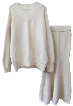 Zweiteiliges Strickset für Damen, V-Ausschnitt, lange Ärmel, lockerer Pullover, hohe Taille, Rock-Set, C, Einheitsgröße