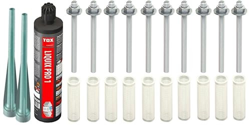 Schwerlast-Befestigungsset M8 mit ZULASSUNG : 10x 8x110mm Ankerstangen gvz. + 1x Liquix Pro 1 + 10x 12x80mm Siebhülsen, Montagesets M6-M16 (Verzinkter Stahl, M8 x 110mm)
