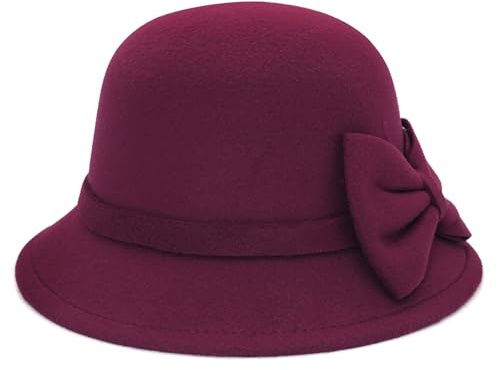Buywis Damenhut aus Filz, mit Schleife, Fedora, Fischerhut, 1920er-Jahre, Vintage-Stil, Derby-Kirchenhüte, weinrot, Einheitsgröße