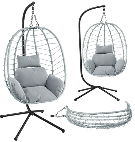 STEELSØN Alarian Hängesessel mit Gestell, Grau, höhenverstellbar, 150 kg | Rattan Hängestuhl Outdoor & Indoor mit Kissen, faltbarer Hängekorb, Gartenschaukel Erwachsene & Kinder, Hanging Chair, Balkon