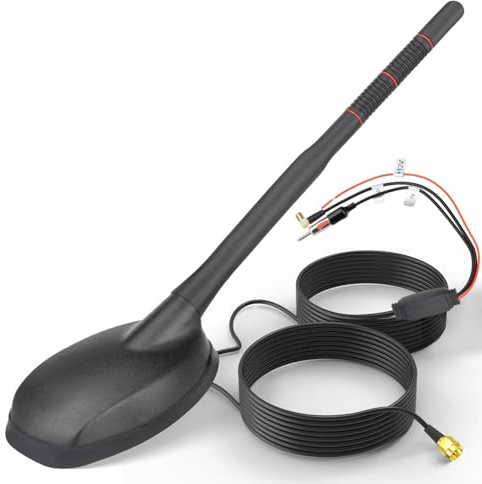 Eightwood Antenne Active pour Voiture Dab+/Dab/FM/GPS – Amplificateur de Signal Intégré avec Antenne de Toit Universelle, Connecteurs SMB/SMA, Adaptateur DIN, Diviseur et Câble d'Extension 5M