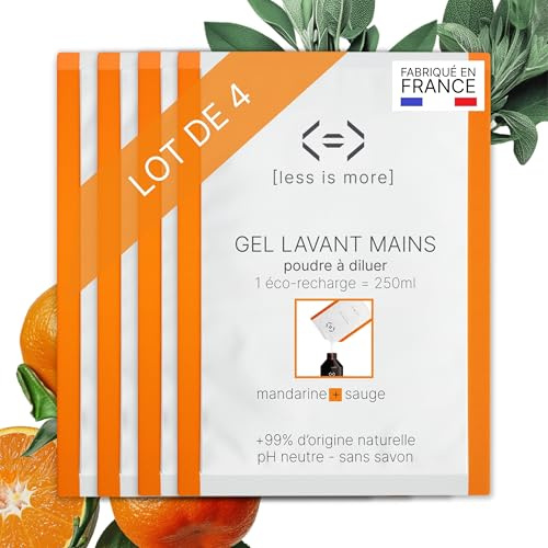 Less is More Savon Liquide Mains en Poudre à Diluer Mandarine/Sauge, sans SLS, Hydratant, 4 Recharges Ecologiques sans Plastique, 1 Litre à Reconstituer, Made in France, Gel Lavant Main Ecoresponsable