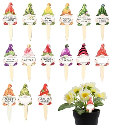 Etiquetas para plantas - Juego de 15 divertidos marcadores de flores de gnomo | Estacas de jardín de madera resistentes a la intemperie (4.33 x 2.64) para plántulas, camas elevadas e invernaderos |