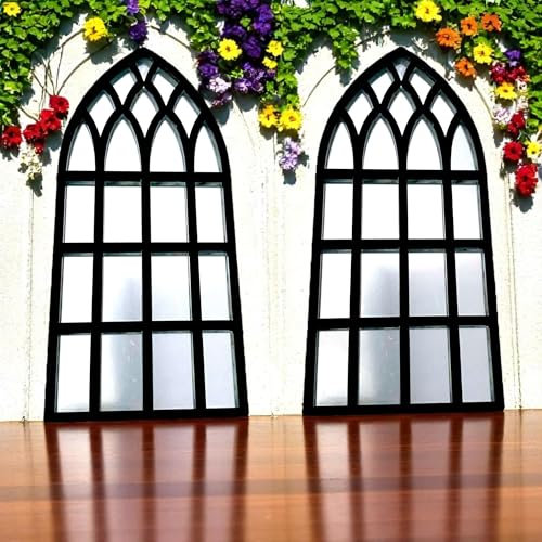Super Cool Creations Pair of Gothic Cathedral Window Mirror, Black Frame, Garden Decor, Arched Design, 70cm x 29cm x Two