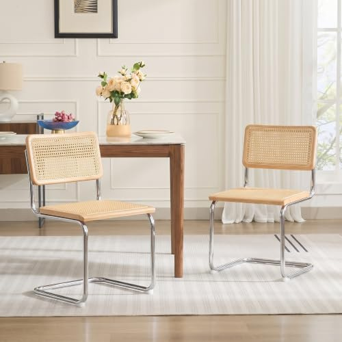 Zesthouse Cantilever Rattan Dining Chairs Set of 2, Mid-Century Modern Undyed Wooden Kitchen Chair with Natural Cane Mesh, Boho Accent Chair for Home