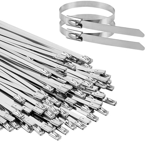 100 Piezas Bridas Metalicas Inoxidables 400 x 4.6mm, Plateado Bridas de Acero Inoxidable Sujetacables Autoblocante, Resistencia Tracción 122 Kg Resistencia a UV,para Fijación de Tuberías,Atado Cables | Bridas metálicas robustas para escape, paquetes de cables y montajes exteriores