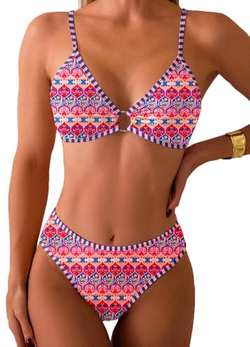 Fanuerg Triangel-Bikini-Set für Damen, O-Ring, Zweiteiliger Badeanzug, Blumendruck, frecher Badeanzug, Geo, Rot, Gelb, Medium