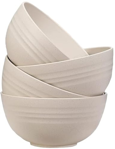 Unbreakable Cereal Bowls Set of 4, 20 oz Lightweight Plastic Salad Bowls | Dishwasher & Microwave Safe, Reusable Serving Bowl for Rice Noodle Soup Snack Salad Fruit, BPA Free (Beige)