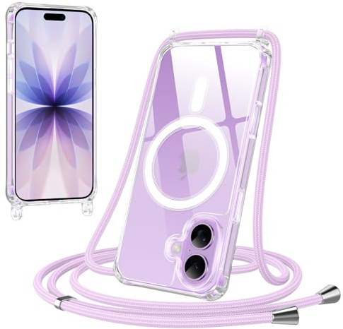 Jrkvniv Magnétique Coque pour iPhone 17 avec Cordon, Compatible avec MagSafe Transparent Réglable Lanyard Necklace Case, Ultra Mince Souple Silicone TPU Antichoc Housse pour iPhone 17, Violet