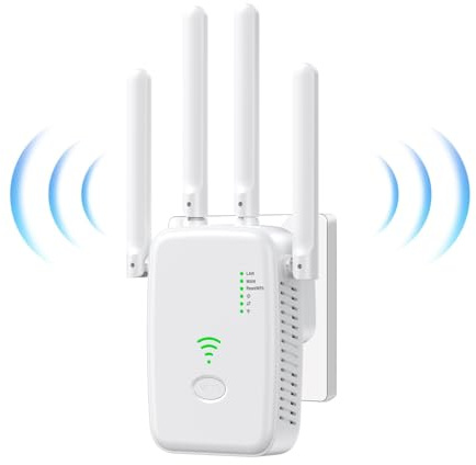2025 Nuevo Repetidor WiFi, Amplificador Extensor WiFi con 2 Puertos ethernet, 4 Antenas, Modo Repetidor/Router/Ap, Extensor WiFi para Casa/Oficina, fácil instalación acción