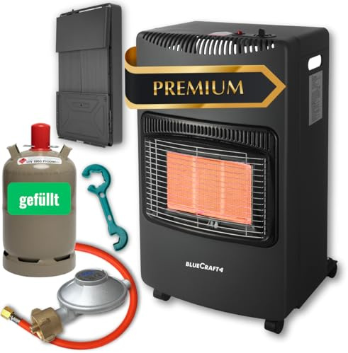 Bluecraft Heizofen Gas mit 11kg Gasflasche gefüllt Druckregler Gasschlauch | 4,2 kW Gasheizofen für Innenräume, Infrarot Heizstrahler, Gasheizer, Camping Heizung, Notheizung mit Gasregler Schlüssel