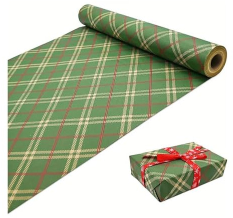 Geschenkpapier Rolle Extra breites 43 cm x 3 m (16,9 Zoll x 118 Zoll) Weihnachtspapier – elegantes grün-rotes Karomuster, reißfestes Kraftpapier