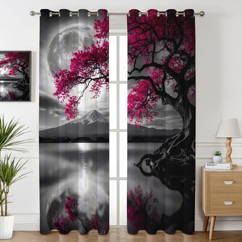 Havenix Kirschblüten Baum Vorhänge Blickdicht Gardinen mit ösen Mond See Fuji Motiv Vorhang 220 cm Lang Verdunklungsvorhänge für Schlafzimmer Wohnzimmer Fenster Thermovorhang Kälteschutz 2er Set